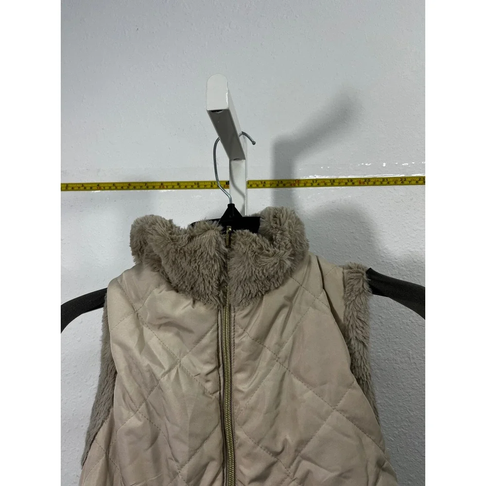 Quilted Faux Fur Lined Puffer Vest Beige Cinched Waist‎ Sleeveless Jacket Large